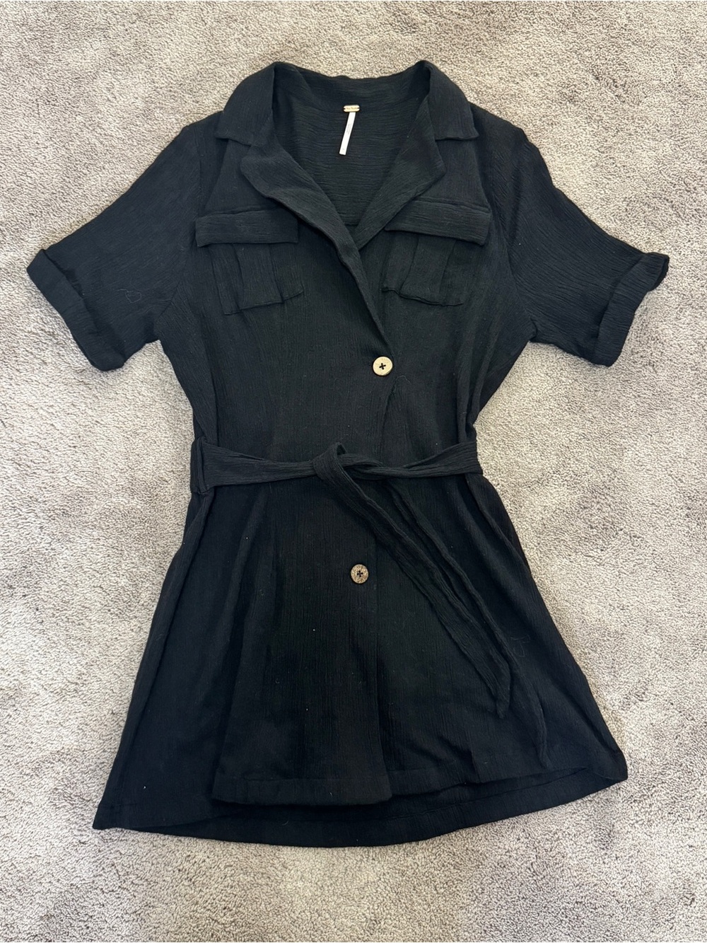 Free People Black Short Sleeve Belted Mini Shirt Dress